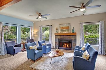 Issaquah apartment for rent - A living room with blue chairs and a fireplace.