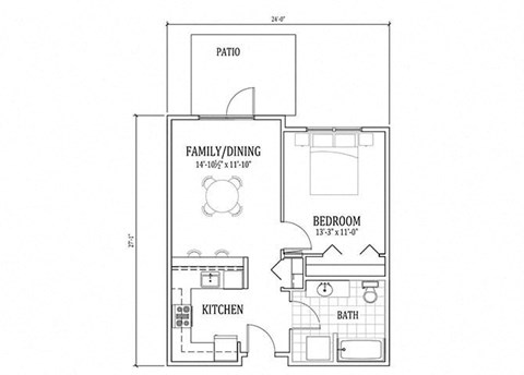 Floor plan for 1 bed, 1 bath, 589 sqft