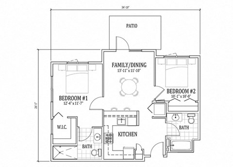 Floor plan for 2 beds, 2 baths, 823 sqft