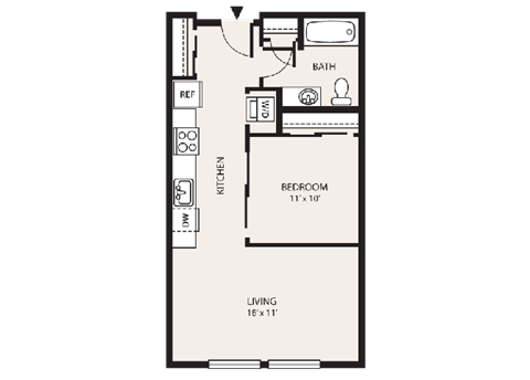 Floor plan for 1 bed, 1 bath, 590 sqft