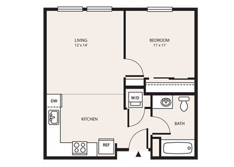 Floor plan for 1 bed, 1 bath, 549 sqft