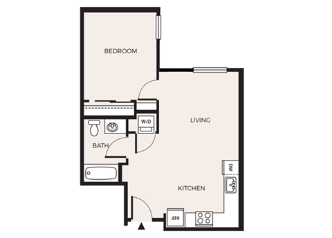Floor plan for 1 bed, 1 bath, 596 sqft