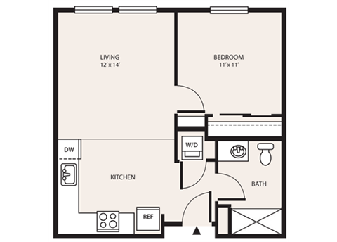Floor plan for 1 bed, 1 bath, 551 sqft