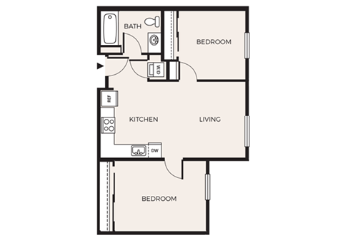 Floor plan for 2 beds, 1 bath, 744 sqft