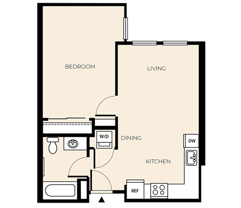 Floor plan for 1 bed, 1 bath, 626 sqft