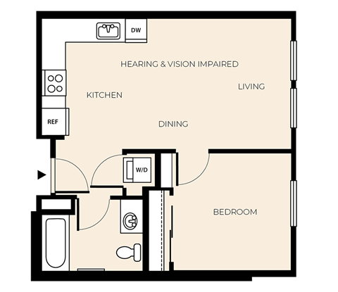 Floor plan for 1 bed, 1 bath, 551 sqft