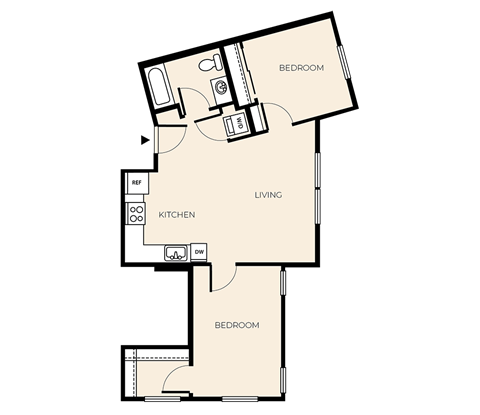 Floor plan for 2 beds, 1 bath, 823 sqft