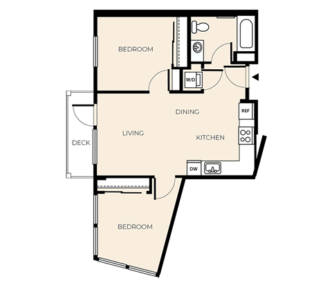 Floor plan for 2 beds, 1 bath, 683 sqft