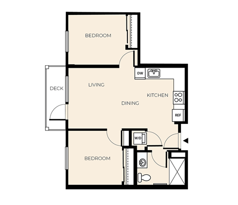 Floor plan for 2 beds, 1 bath, 689 sqft