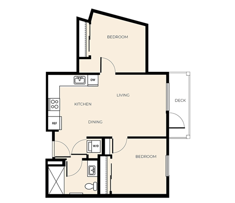 Floor plan for 2 beds, 1 bath, 689 sqft