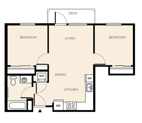 Floor plan for 2 beds, 1 bath, 718 sqft