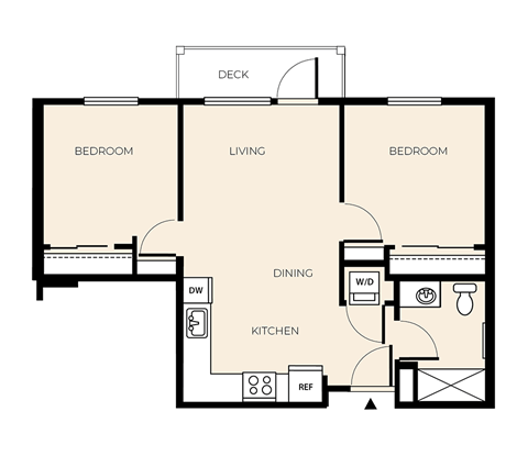 Floor plan for 2 beds, 1 bath, 702 sqft