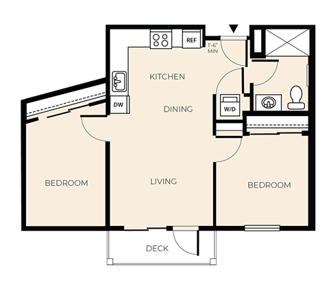 Floor plan for 2 beds, 1 bath, 705 sqft