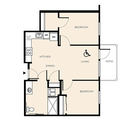 Floor plan for 2 beds, 1 bath, 719 sqft