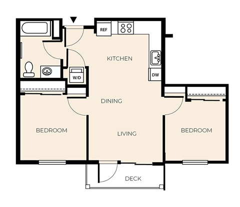 Floor plan for 2 beds, 1 bath, 682 sqft