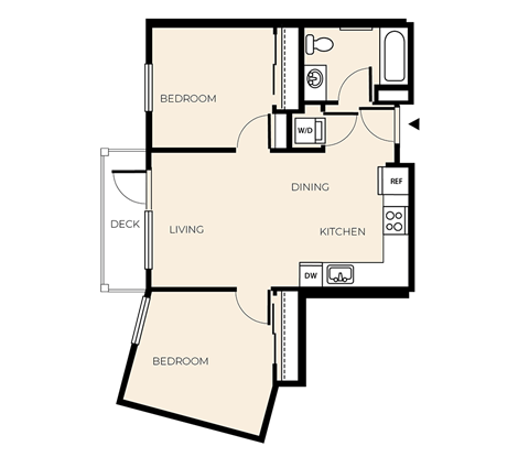Floor plan for 2 beds, 1 bath, 718 sqft