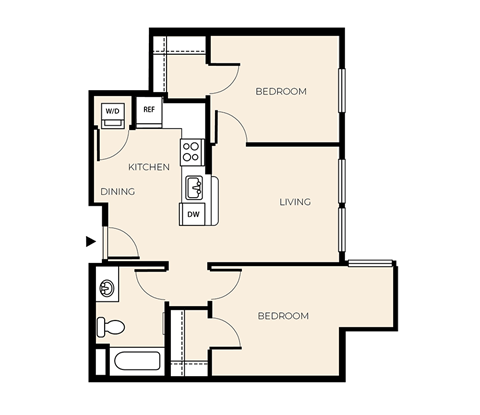 Floor plan for 2 beds, 1 bath, 747 sqft