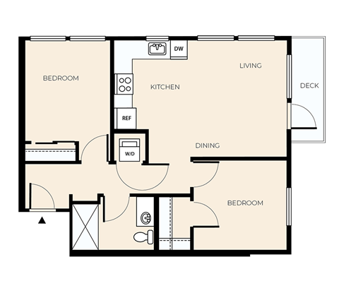 Floor plan for 2 beds, 1 bath, 750 sqft