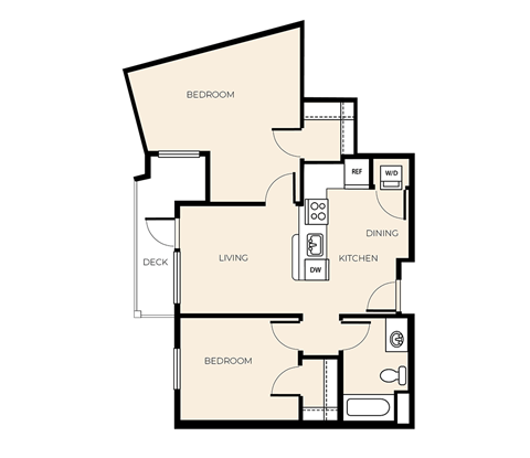 Floor plan for 2 beds, 1 bath, 818 sqft