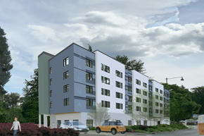 Bothell apartment for rent - a rendering of an apartment building on a city street