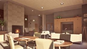 Bothell apartment for rent - a living room with tables and chairs and a fireplace