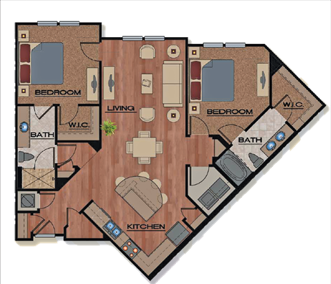 Floor plan for 2 beds, 2 baths, 1235 sqft