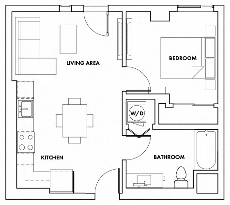 Floor plan for 1 bed, 1 bath, 654 sqft