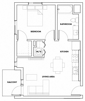 Floor plan for 1 bed, 1 bath, 728 sqft