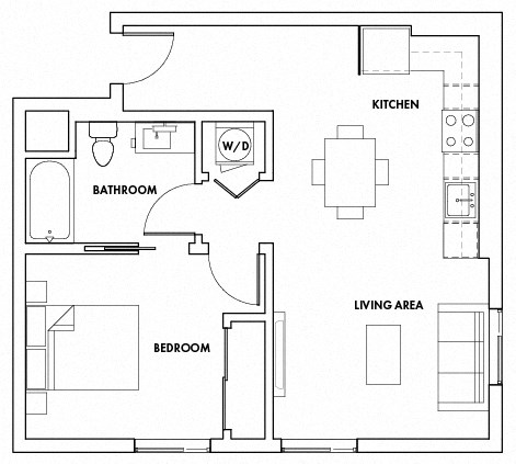 Floor plan for 1 bed, 1 bath, 734 sqft