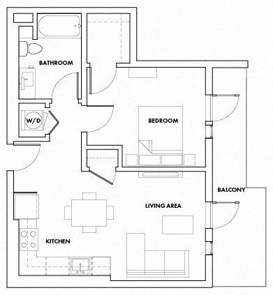 Floor plan for 1 bed, 1 bath, 773 sqft