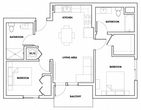 Floor plan for 2 beds, 2 baths, 995 sqft