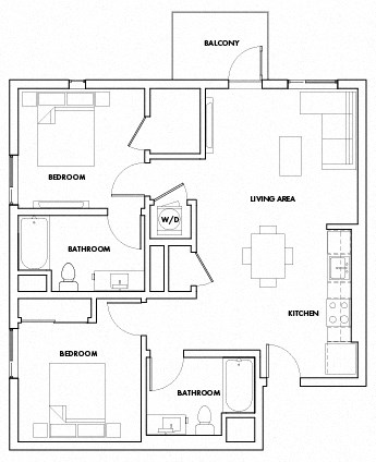 Floor plan for 2 beds, 2 baths, 1036 sqft