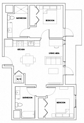 Floor plan for 2 beds, 2 baths, 1135 sqft