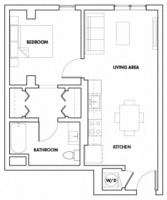 Floor plan for 1 bed, 1 bath, 657 sqft