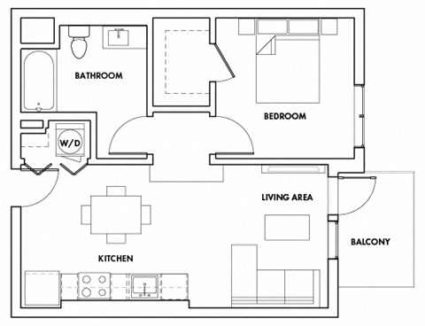 Floor plan for 1 bed, 1 bath, 697 sqft