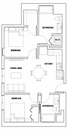 Floor plan for 2 beds, 2 baths, 890 sqft