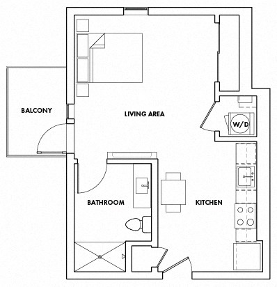 Floor plan for studio, 1 bath, 596 sqft