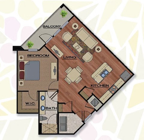 Floor plan for 1 bed, 1 bath, 874 sqft