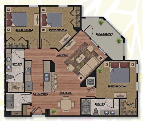 Floor plan for 3 beds, 2 baths, 1275 sqft