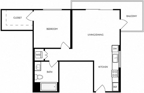 Floor plan for 1 bed, 1 bath, 585 sqft