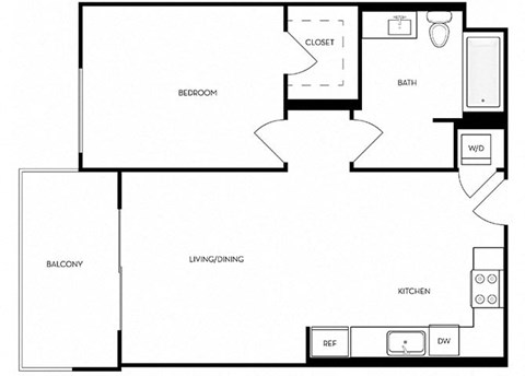 Floor plan for 1 bed, 1 bath, 600 sqft