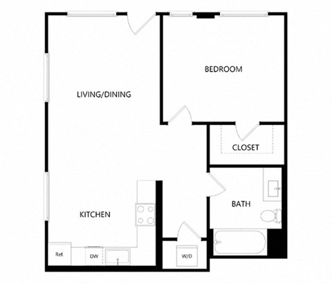 Floor plan for 1 bed, 1 bath, 680 sqft