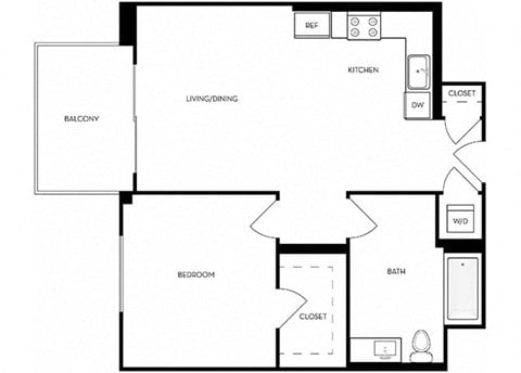 Floor plan for 1 bed, 1 bath, 700 sqft