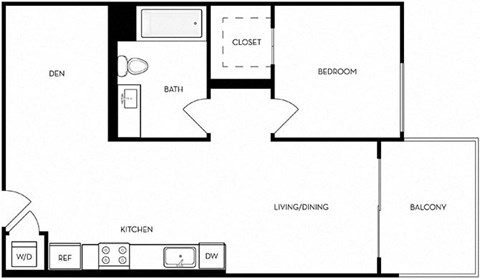 Floor plan for 1 bed, 1 bath, 700 sqft