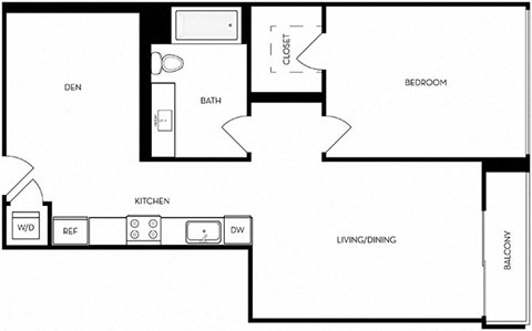 Floor plan for 1 bed, 1 bath, 740 sqft