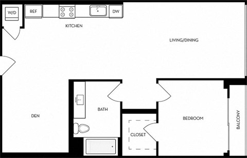 Floor plan for 1 bed, 1 bath, 830 sqft