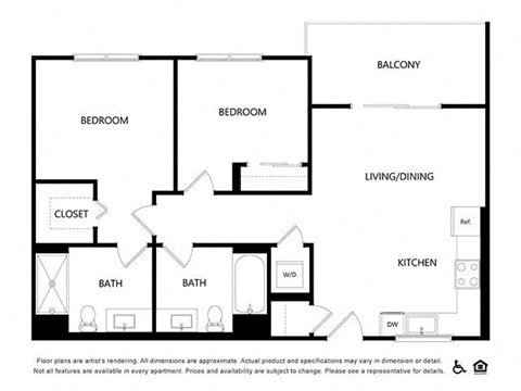 Floor plan for 2 beds, 2 baths, 880 sqft