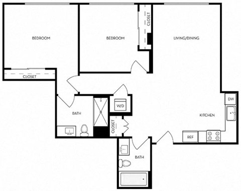 Floor plan for 2 beds, 2 baths, 900 sqft