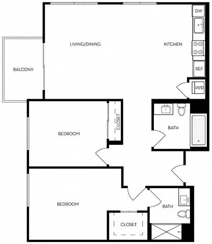 Floor plan for 2 beds, 2 baths, 990 sqft
