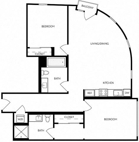 Floor plan for 2 beds, 2 baths, 1100 sqft